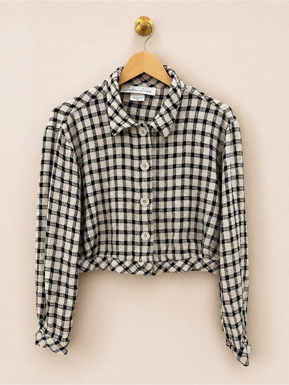 Barbara Lesser Black Cream Check Cropped Jacket Size M Made in USA